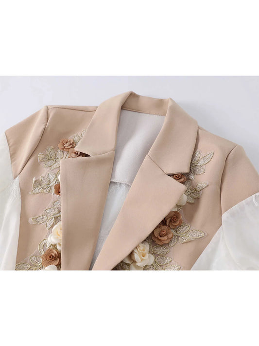 Women Lace Patchwork Blazer Coat Fashion Vintage Harajuku Long Sleeve Embroidery Suit Jacket Outerwear Top 2000s Clothes Autumn
