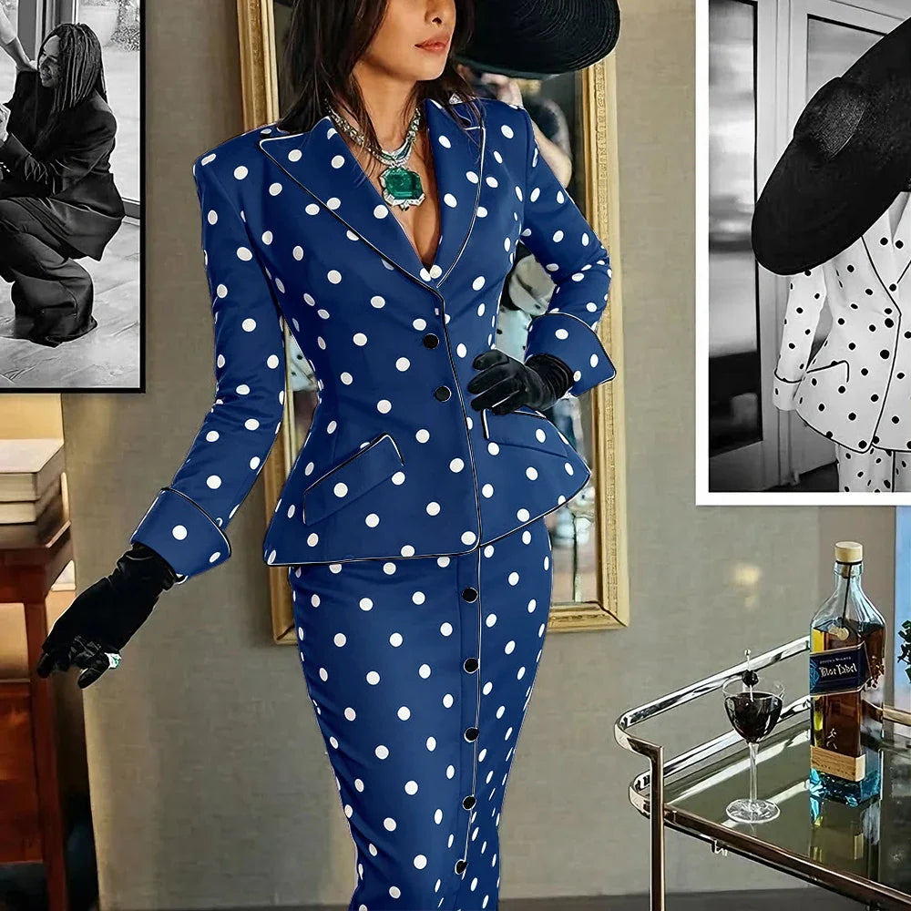 Elegant Polka Dot Woman Clothes Professional Two Piece (Jacket+Skirt) Set for Retro Formal Party Cocktail Evening Streetwear