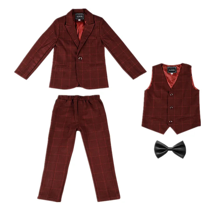 Boys Plaid 4Pieces Wedding Suit Set With Jacket Vest Pants Bowtie Kids Host Piano Performance Suit Children's Birthday Blazer