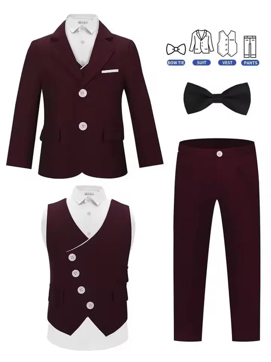 Boys Spring Autumn Blazer Set Kids Wedding Birthday Party Performance Costume Boys' Jacket Vest Pants Bowtie 4Pieces Clothes Set