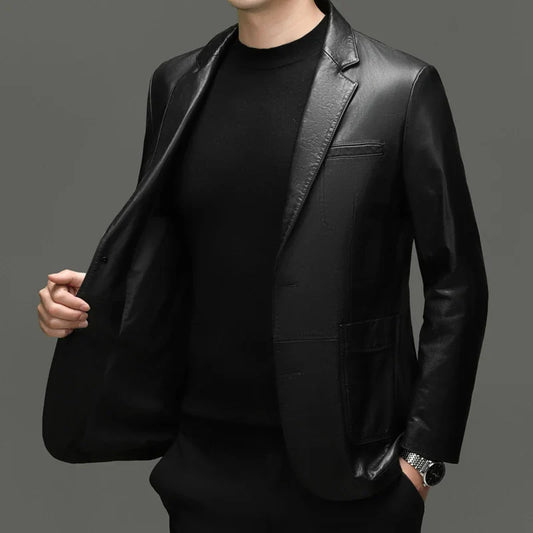 Men's Genuine Leather Blazer – 100% Cowhide Slim Fit Suit Jacket for Smart Casual Wear