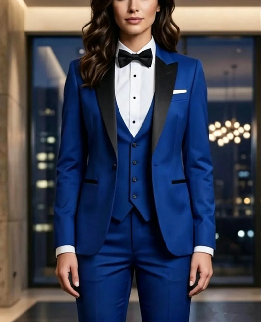 Royal Blue Women's Tuxedo 3 Pcs Formal Slim Fit Tailored Suit with Black Satin Peak Lapel (Blazer+Vest+Pants)
