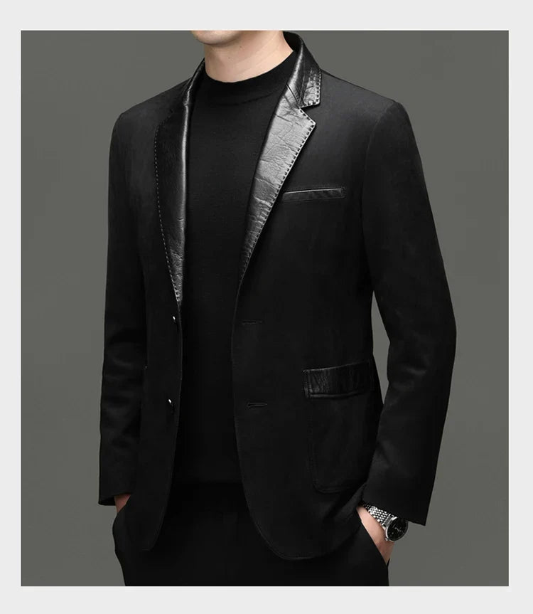 Men's Blazer Suede Cowhide Patchwork Single Breasted Smart Casual Autumn Winter