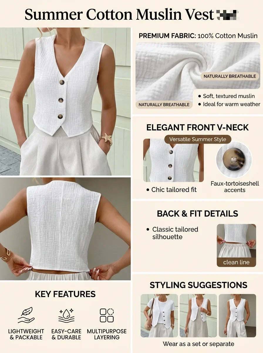 New Arrival Women Pure Cotton Elegant Sleeveless Waistcoat, Minimalist Chic Cropped Vest for Spring Summer