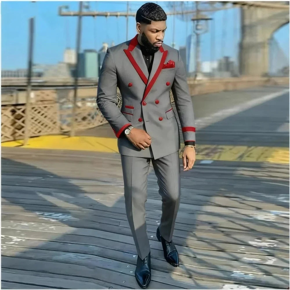 Men's Double Breasted 2-Piece Slim Fit Tuxedo Suit — Peak Lapel Jacket & Pants Set for Wedding, Business & Formal Events