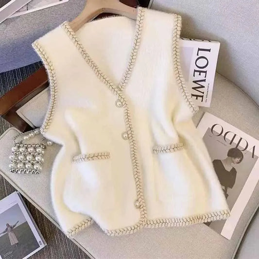 Spring And Autumn Annals Female New V-neck Knitted Mink Velvet Vest Women Xiaoxiangfeng Sweater V-neck Vest Shoulder Tops Jacket
