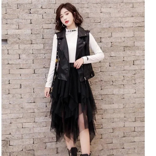 PU Leather Vest Women's Sprin Autumn Korean Waistcoat 2024 New Female Leather Coat Ladies Locomotive Suit Sleeveless Jacket 5XL