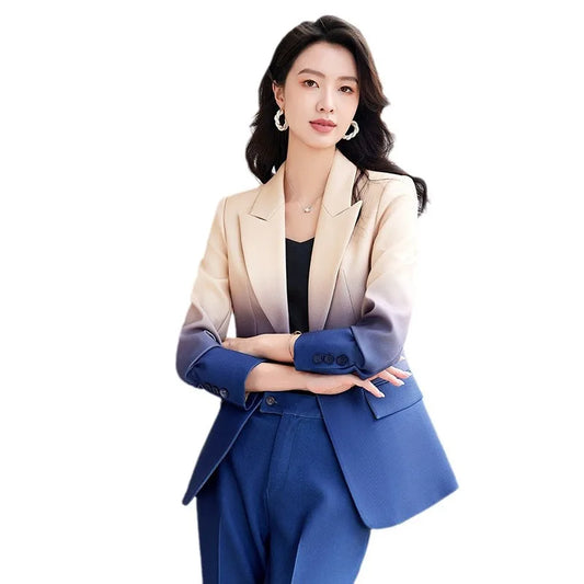 Newest Fashion 2024 Designer Suit Set Women's Gradient Color Printed Single Button Blazer Flare Pants Suit