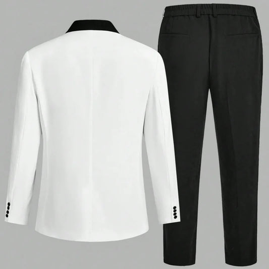 Men Suit White 2 Pieces With Black Lapel Business Casual Slim For Wedding Birthday Banquet Work Set Jacket With Pants