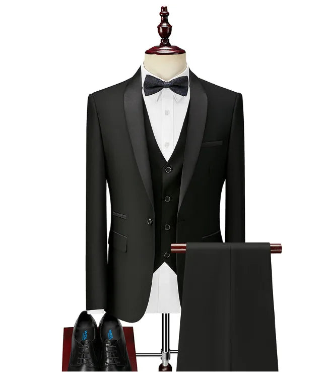 Black White Men Autumn Wedding Party Three Pieces Set Large Size Male Blazer Coat Pants and Vest Fashion Slim Fit Suit