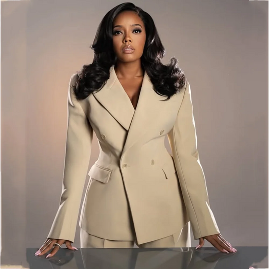 Beige Women's 2 Pieces Suit High Quality Double Breasted Peak Lapel Blazer Set Office Lady Wedding Guest Formal Clothes Set