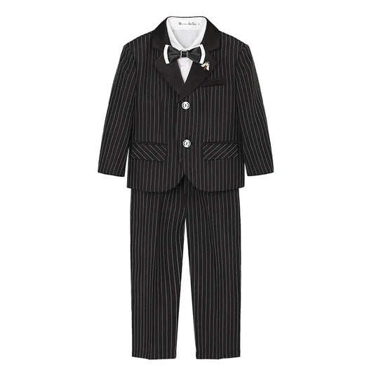 1-11Years Boys Spring Autumn Striped Suit Set Kids Formal Wedding Birthday Party Wear With Jacket Pants Bowtie Brooch