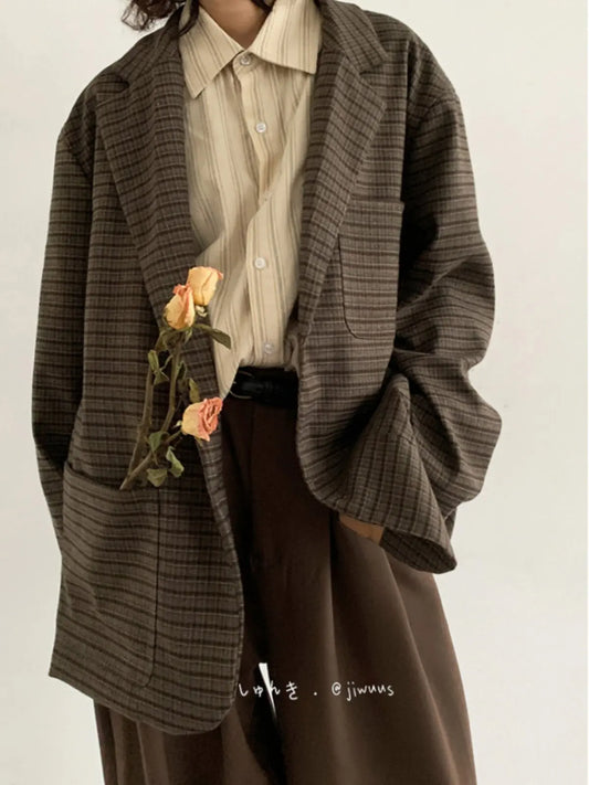 Women's Brown Plaid Blazer Y2k 2000s Vintage Suit Coat Japanese Loose Vintage Casual Check Jacket Outerwear Spring Autumn 2026