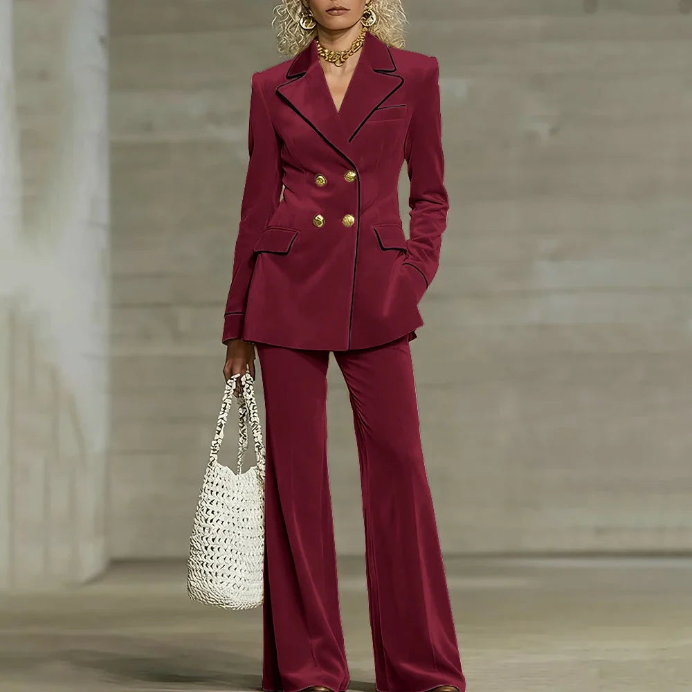 Luxury Women Yellow Velvet Clothing Double-Breasted Blazer+Pants Sets Elegant Winter Daily Suit Slim Fit Office Outerwears