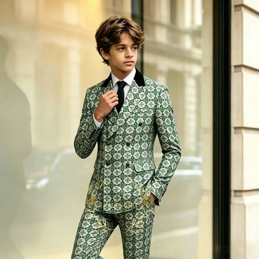 Green Floral Double Breasted Formal Boys Suit Set Peaked Lapel Wedding Birthday Party Tuxedo Costume Kids Blazer Pants Clothes