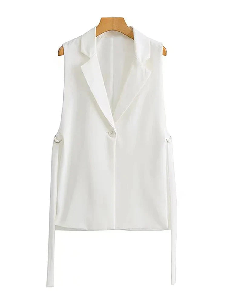 Women Fashion With Taps Side Vents Waistcoat Vintage Sleeveless Front Button Female Outerwear Chic Vest Tops