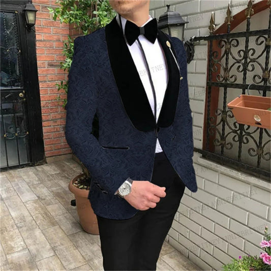 Shawl Lapel Burgundy Jacquard Mens Suits Slim fit Set Custom Blazer Men Bridegroom Wedding Suit Tuxedo Jacket with Pants