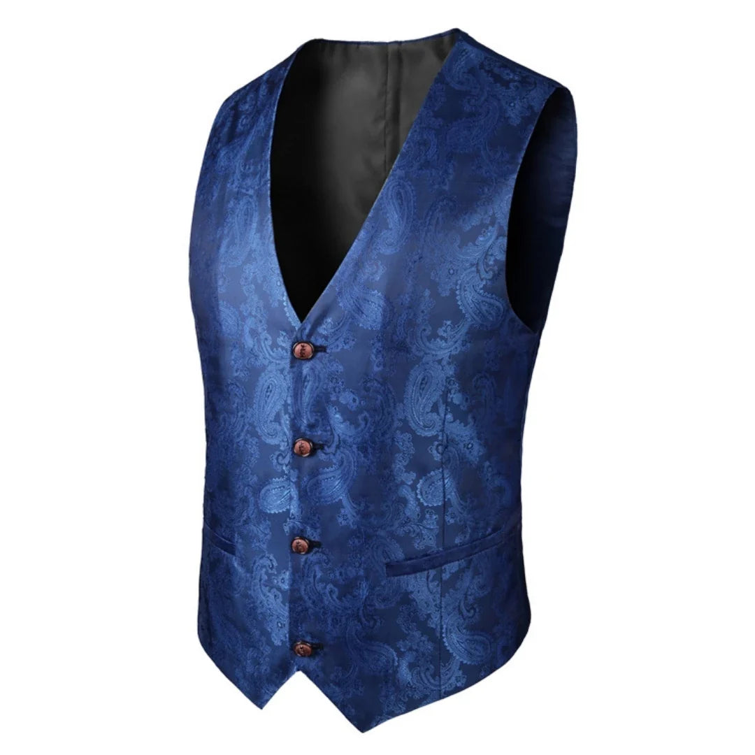 Men's Vest Blue Retro Jacquard Pattern Single Button V-Neck Waistcoat for Wedding & Formal Occasions