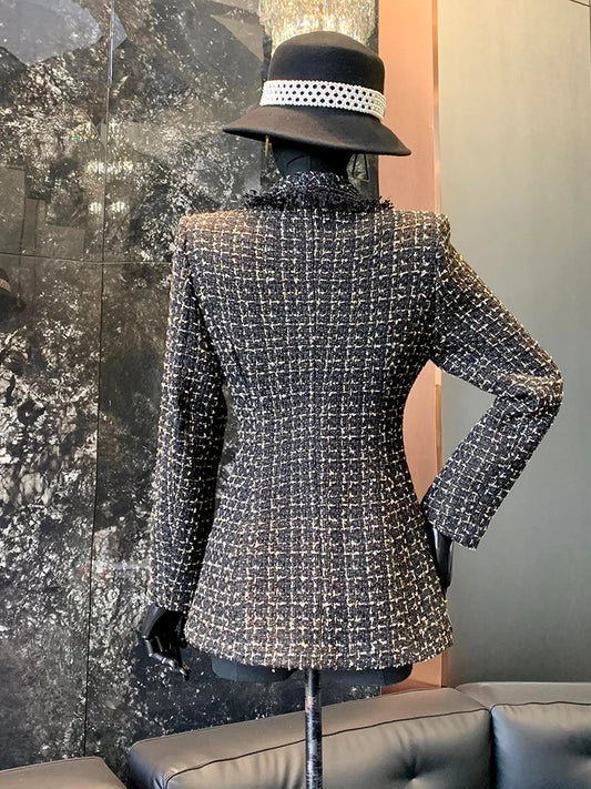 Fashion Spring Autumn New Style Women Tweed Jackets Slim Fit Tassels Turndown Collar Single Button Elegant Plaid Coats Outerwear