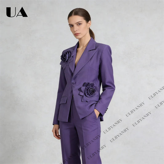 Women’s Blazer Purple Long Sleeve 3D Rose Applique Single Button, Notched Lapel, Tailored Office & Party Jacket Party Prom Suit