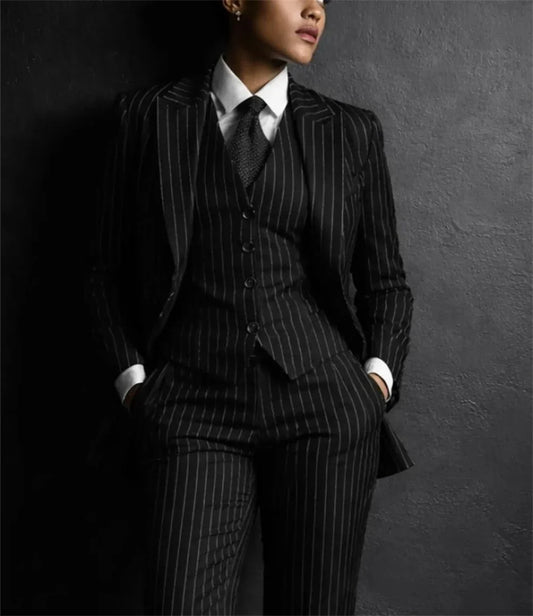 Black Pinstripe Women's Suits 3 Pcs Elegant Workwear Blazer Business Party Pantsuit Wedding Guest Outfit (Jacket+Vest+Pants)