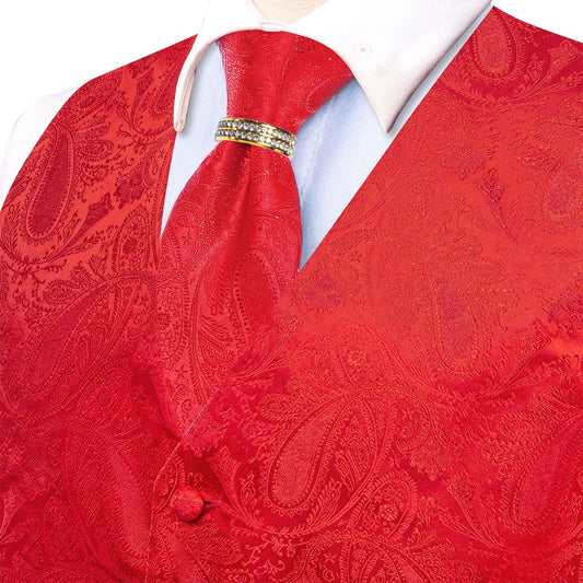 Men's Vest 5-Piece Set Bright Red Paisley V-Neck Single Breasted for Wedding & Gala