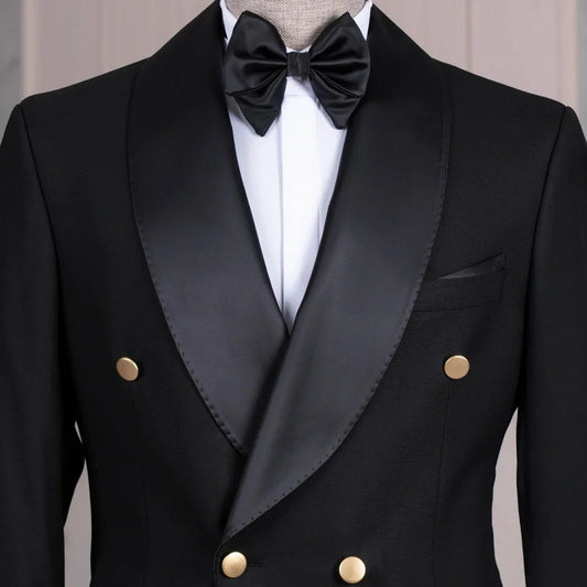 Men Suit 2 Pieces Black Double Button With Bright Lapel For Wedding Banquet Party Prom Banquet Business Work Jacket And Pants