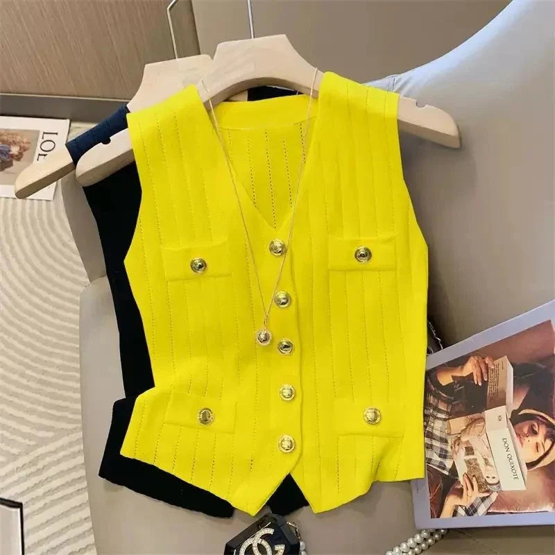 Fashion Women Knitted Vests Jacket Single Metal Button Design Sleeveless Tops 2025 New Spring Summer Casual Thin Sweater Female