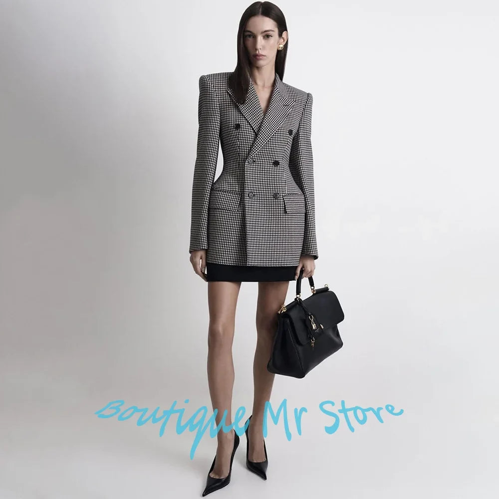 Women's Houndstooth Jacket Double-Breasted Slim Fit Two Piece Blazer+Skirt Suit Set Modern Outfit for Office & Evening Party