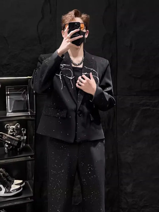 Party Mens Black Suits Sets Fashion Rhinestone Pearls Short Blazers Jacket High Waist Straight Pants Korean Style Two Piece Set