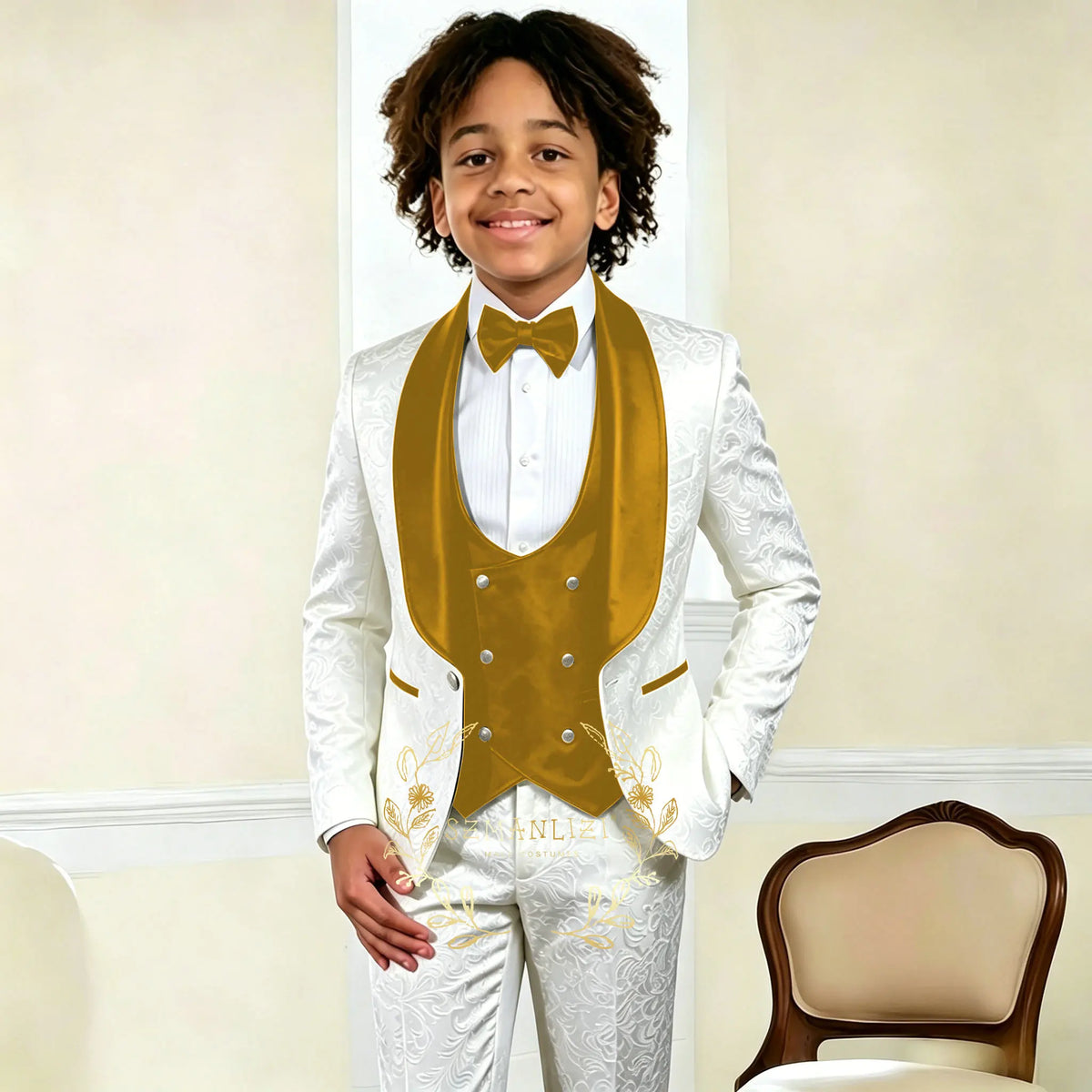 White Floral Flower Boys Suit Wedding Jacket Pants Vest Kids Three-Piece Set Child Clothes costume enfant garçon mariage