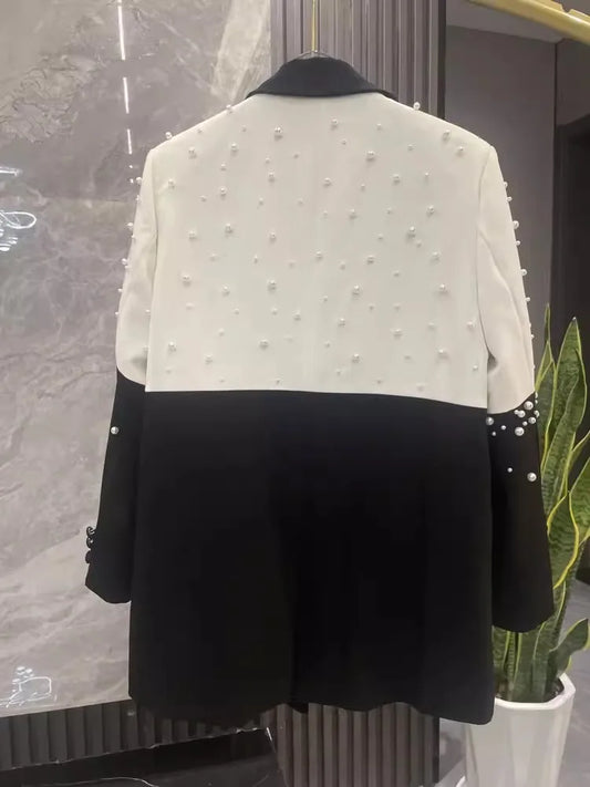 Elegant Women Autumn New Pearls Beading Mid Long Blazer Jacket Mixed Colors Loose Fit Office Ladies Suit Coat Party Outerwear