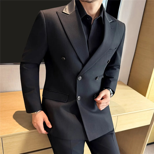 Men's Double Breasted 2-Piece Suit – Slim Fit Blazer & Trousers for Wedding & Business Casual