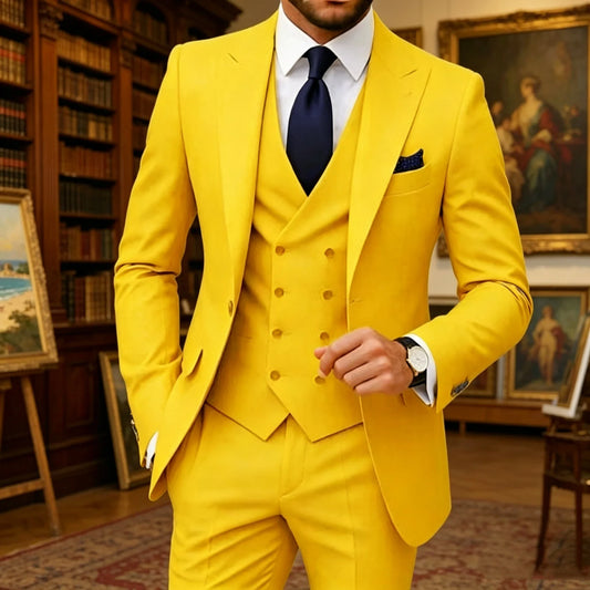 Yellow Men's Suits 3 PCS Peaked Lapel One Single Button Italian Wedding Man Suit Groom Tuxedo Prom Slim Fit Blazer Vest Pants
