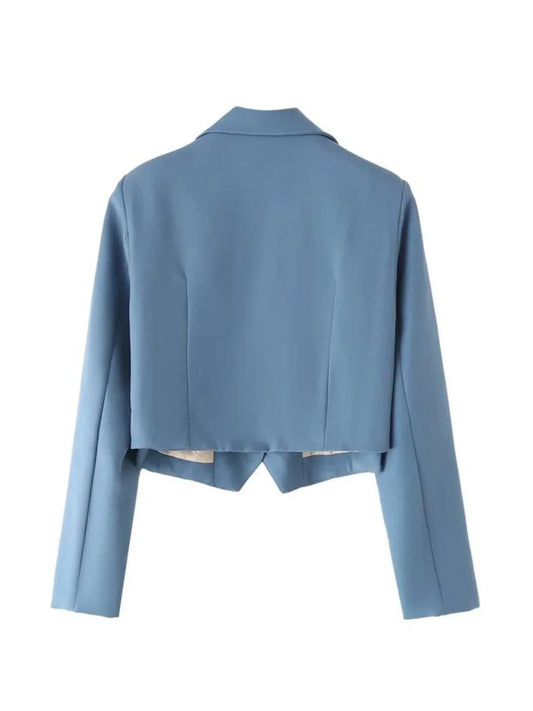 Women's Blue Blazer Jacket Vintage Office Ladies Long Sleeve Single Breasted Cropped Outerwear Suit Coat Y2k 2000s Spring Autumn