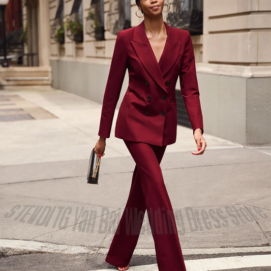 Stylish Double Breasted Women 2 Piece Suit Set Peak Lapel Slim Blazer Elegant Business Office Wedding Party Formal Pants Suit