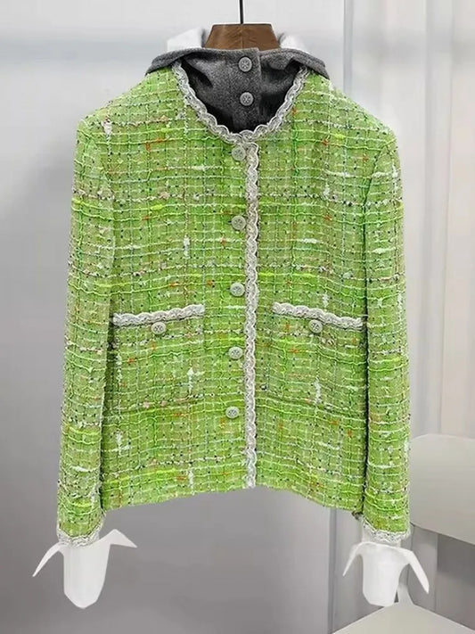 Spring Autumn Elegant Lady Detachable Hood Jacket Long Sleeve Plaid Short Coat Fashion Office Designer Outerwear Single Breasted