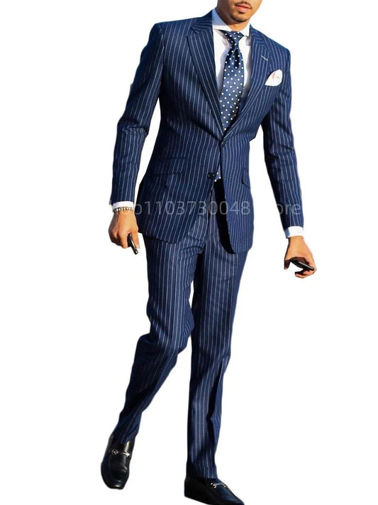 Navy Blue Striped Men Suits Slim Fit Notch Lapel Single Breasted Blazer Pants Set Wedding Groom Tuxedos 2 Piece Business Suits