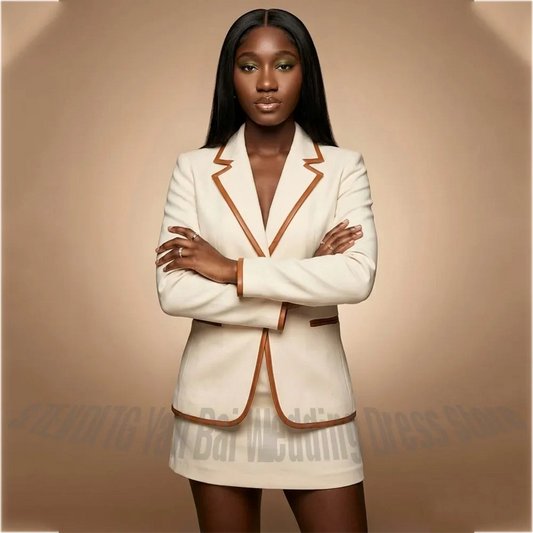 Fashion Women Contrast Trim Blazer Suit 2 Pieces Chic Notched Lapel Jacket Mini Skirt Elegant Commuter Office Matching Set