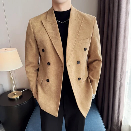 2026 Spring Autumn Double Breasted Suit Jacket Men Corduroy Casual Versatile Suit Jackets Social Business Office Men Blazers