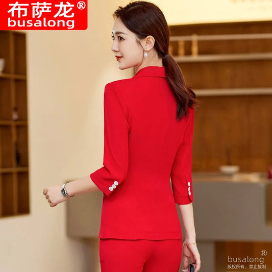 Red women's suit set, new spring-summer professional attire, stylish and elegant formal wear, high-end casual mid-sleeve thin bl