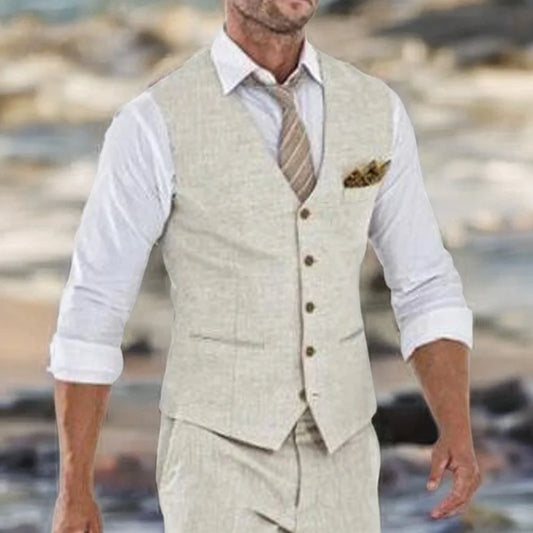 Men's Linen Suit Vest – Beige V-Neck Waistcoat for Wedding, Beach & Smart Casual Wear
