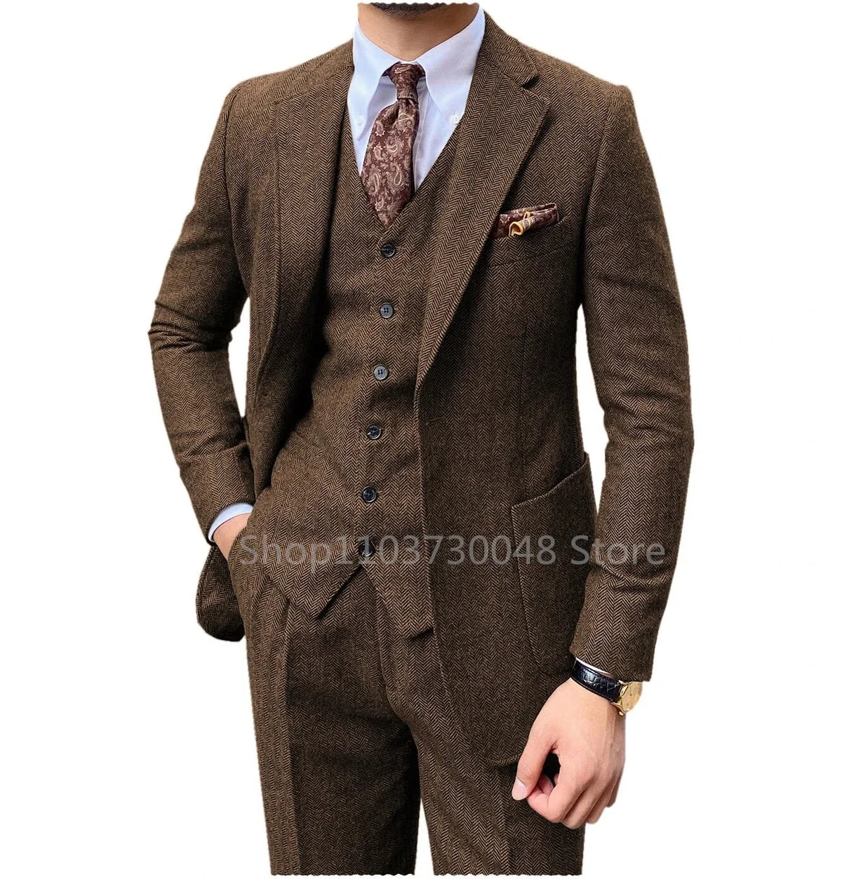 Slim Fit Blue Mens Tweed Herringbone Wedding Suit Prom Groom Tuxedos 3 Piece Notch Lapel Tweed for Business(Blazer+Vest+Pants)