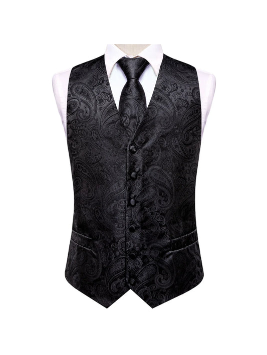 Men's Double Breasted Suit Vest Jacquard Waistcoat with Necktie and Pocket Square for Formal Occasions – Black Paisley