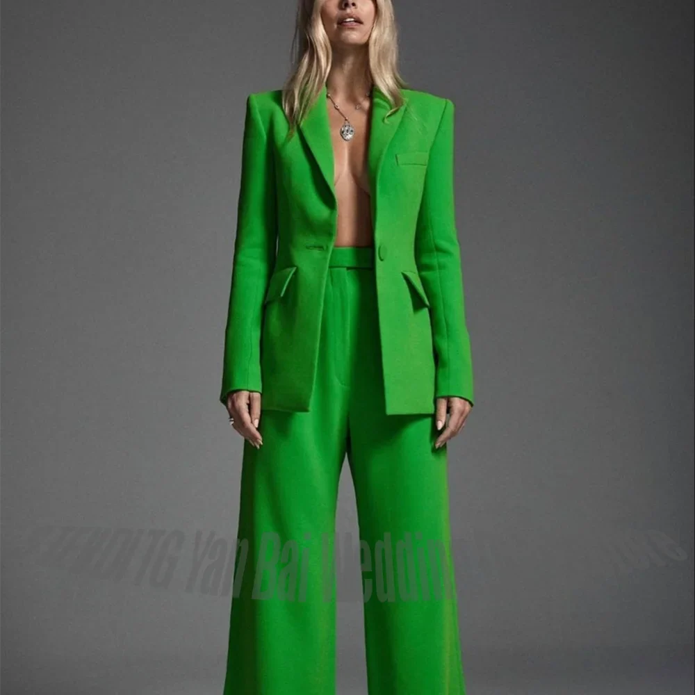 Bright Green Women Two Piece Suit Set Single Button Blazer High Waist Wide Leg Pants Elegant Office Business Formal Outfit