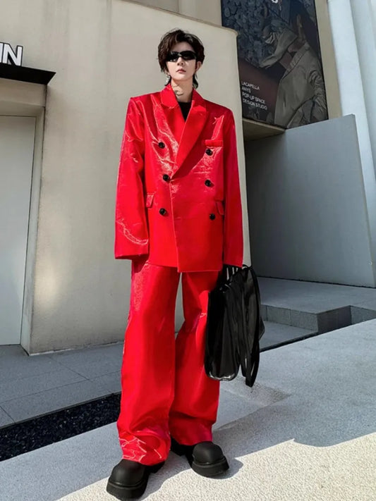 Men's Loose Fit Two Piece Suit Set Double Breasted Blazer with Wide Leg Pants for Casual and Nightclub Wear