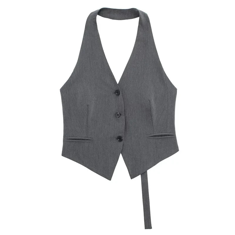 Halter Formal Vests Woman Off Shoulder Women's Suit Vest Backless Black White Short Vest Casual Cropped Sleeveless Vest