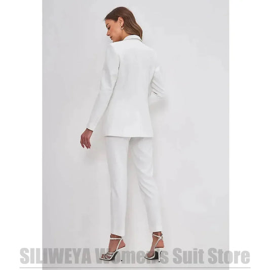 Fashion Women White Suit Single Button Blazer and Pants 2 Piece Elegant Slim Fit Formal Office Work Business Casual Suits