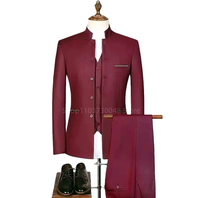 Ensemble de costume classique pour homme, smoking d'affaires chinois, revers montagne, 3 pièces, de haute qualité, pour mariage ou soirée, blazer + pantalon