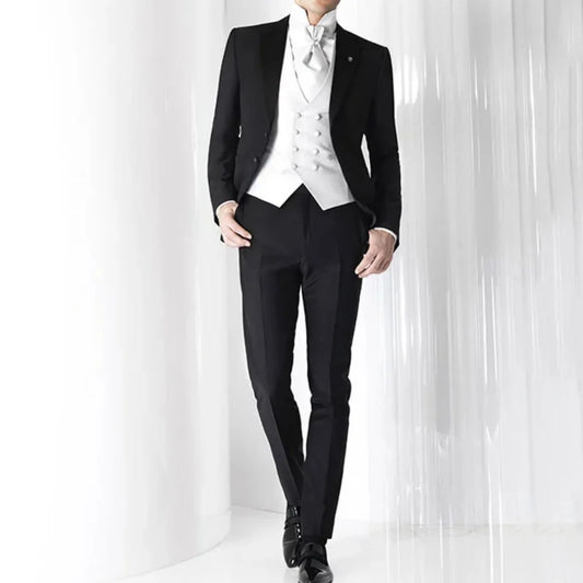 Men Suit 3 Piece Black With Lapel White Vest For Wedding Banquet Casual Business Official Work Tuxedo Set Jacket Vest With Pants